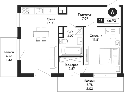 Планировка — Парковая Резиденция, 2-комн., 43 м²