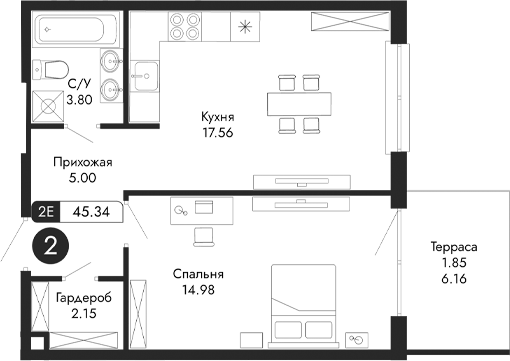 Планировка — Парковая Резиденция, 2-комн., 43 м²