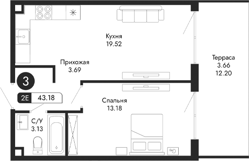 Планировка — Парковая Резиденция, 2-комн., 40 м²
