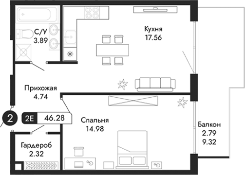 Планировка — Парковая Резиденция, 2-комн., 43 м²