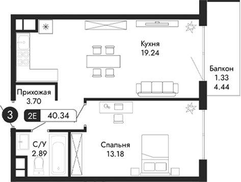 Планировка — Парковая Резиденция, 2-комн., 39 м²