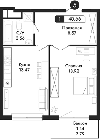 Планировка — Парковая Резиденция, 1-комн., 40 м²