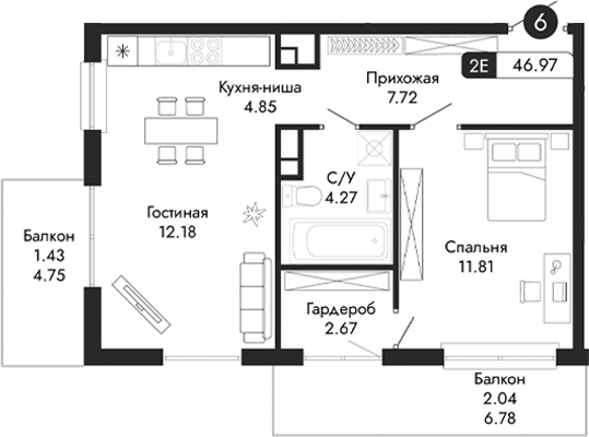 Планировка — Парковая Резиденция, 2-комн., 44 м²
