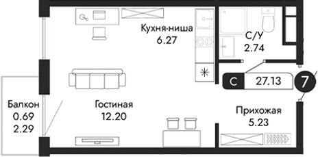 Планировка — Парковая Резиденция, Студия, 26 м²