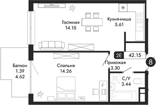 Планировка — Парковая Резиденция, 2-комн., 41 м²