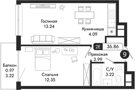 Планировка — Парковая Резиденция, 2-комн., 36 м²