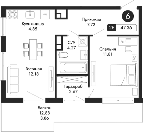 Планировка — Парковая Резиденция, 2-комн., 44 м²