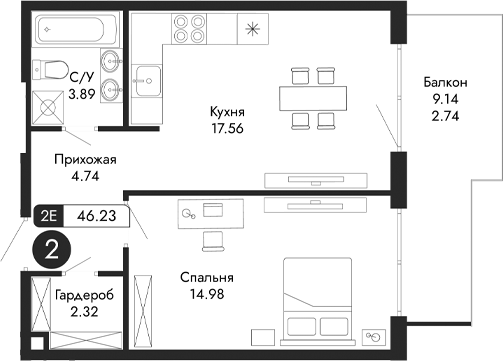 Планировка — Парковая Резиденция, 2-комн., 43 м²