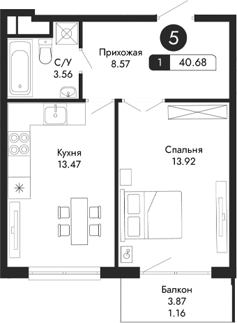 Планировка — Парковая Резиденция, 1-комн., 40 м²