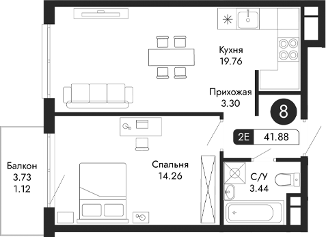 Планировка — Парковая Резиденция, 2-комн., 41 м²