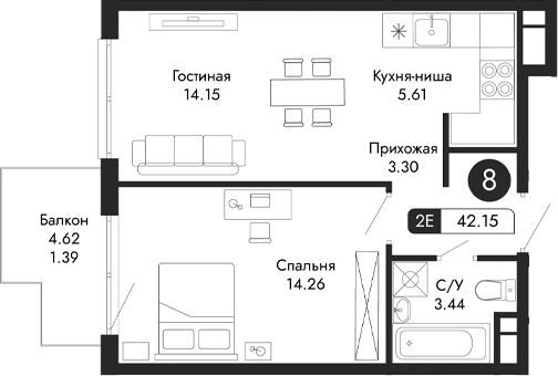 Планировка — Парковая Резиденция, 2-комн., 41 м²