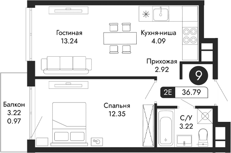 Планировка — Парковая Резиденция, 2-комн., 36 м²