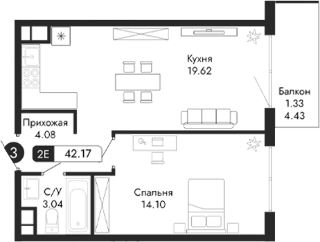 Планировка — Парковая Резиденция, 2-комн., 41 м²