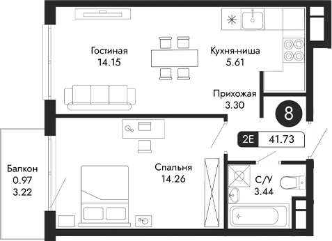 Планировка — Парковая Резиденция, 2-комн., 41 м²