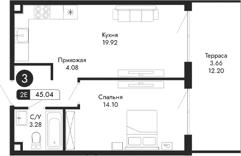 Планировка — Парковая Резиденция, 2-комн., 41 м²