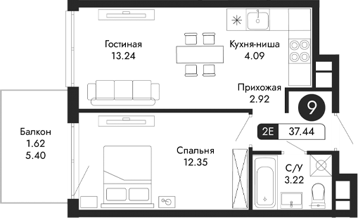 Планировка — Парковая Резиденция, 2-комн., 36 м²