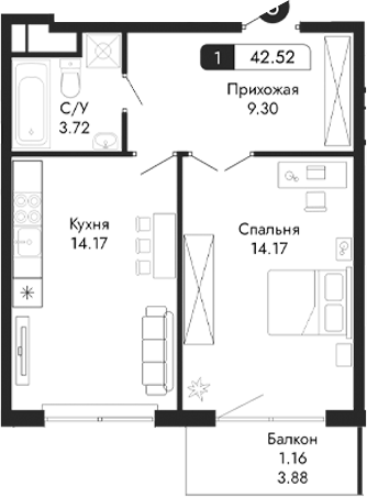Планировка — Парковая Резиденция, 1-комн., 41 м²