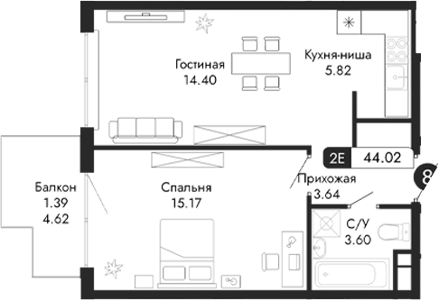 Планировка — Парковая Резиденция, 2-комн., 43 м²