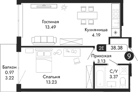 Планировка — Парковая Резиденция, 2-комн., 37 м²