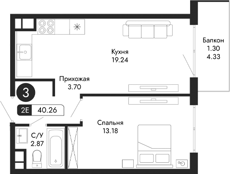 Планировка — Парковая Резиденция, 2-комн., 39 м²