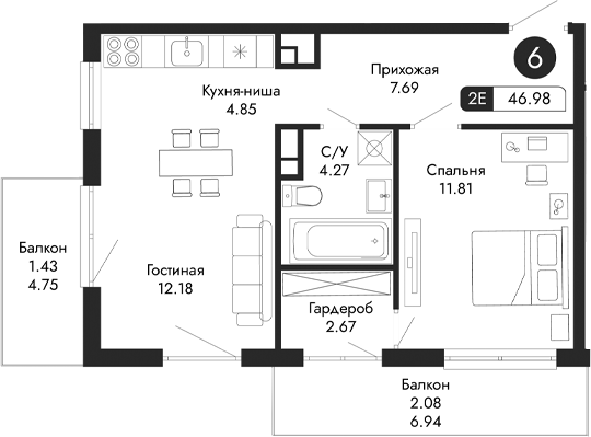 Планировка — Парковая Резиденция, 2-комн., 43 м²