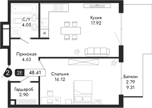 Планировка — Парковая Резиденция, 2-комн., 46 м²