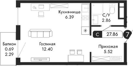 Планировка — Парковая Резиденция, Студия, 27 м²