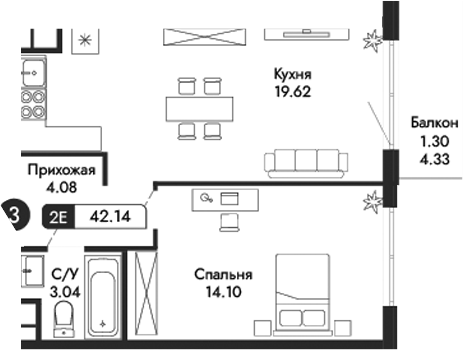 Планировка — Парковая Резиденция, 2-комн., 41 м²