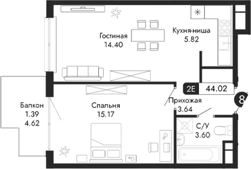 Планировка — Парковая Резиденция, 2-комн., 43 м²