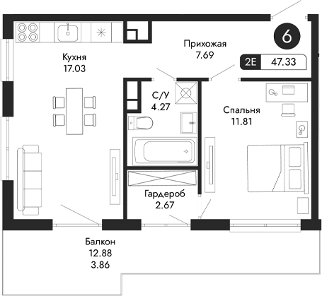 Планировка — Парковая Резиденция, 2-комн., 43 м²