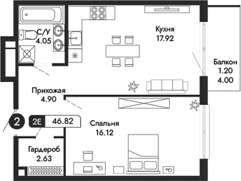 Планировка — Парковая Резиденция, 2-комн., 46 м²