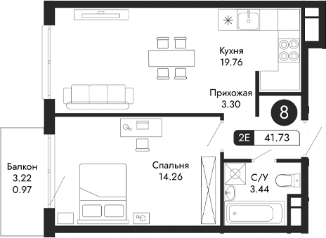 Планировка — Парковая Резиденция, 2-комн., 41 м²