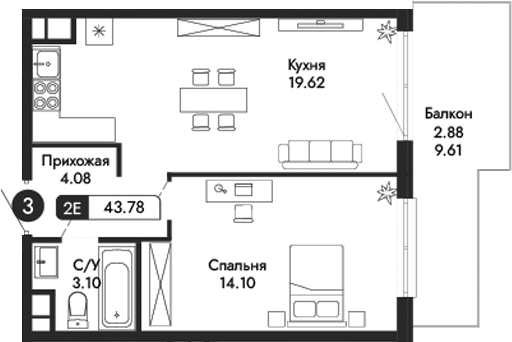 Планировка — Парковая Резиденция, 2-комн., 41 м²