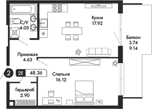 Планировка — Парковая Резиденция, 2-комн., 45 м²