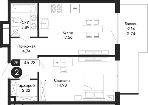 Планировка — Парковая Резиденция, 2-комн., 43 м²
