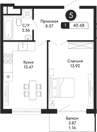 Планировка — Парковая Резиденция, 1-комн., 40 м²