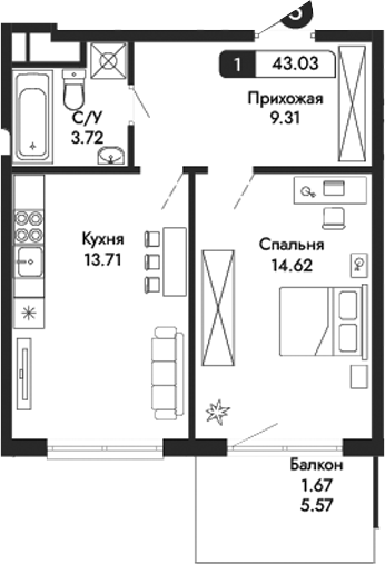 Планировка — Парковая Резиденция, 1-комн., 41 м²