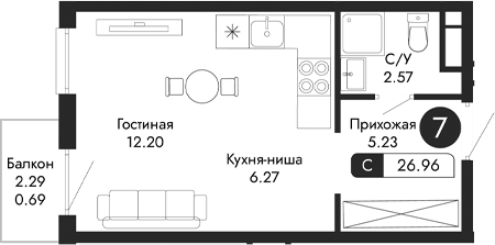 Планировка — Парковая Резиденция, Студия, 26 м²