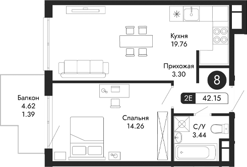 Планировка — Парковая Резиденция, 2-комн., 41 м²