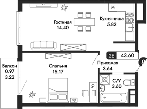 Планировка — Парковая Резиденция, 2-комн., 43 м²
