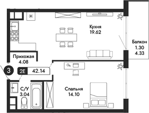 Планировка — Парковая Резиденция, 2-комн., 41 м²
