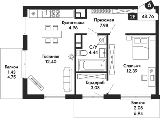 Планировка — Парковая Резиденция, 2-комн., 45 м²