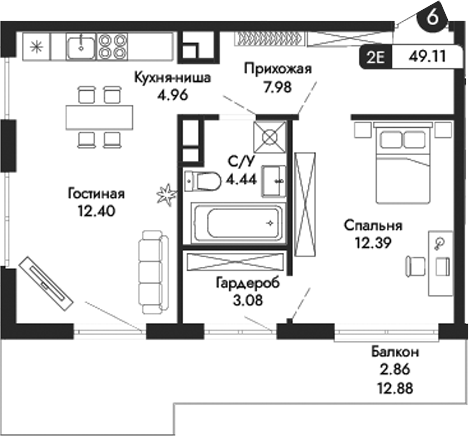 Планировка — Парковая Резиденция, 2-комн., 46 м²