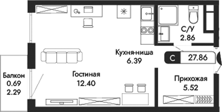 Планировка — Парковая Резиденция, Студия, 27 м²