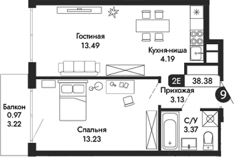 Планировка — Парковая Резиденция, 2-комн., 37 м²