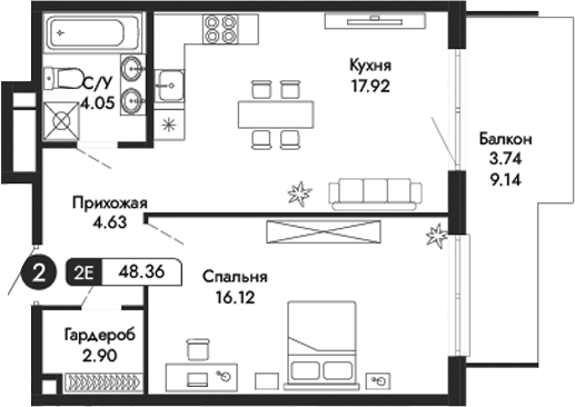 Планировка — Парковая Резиденция, 2-комн., 45 м²