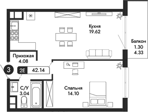 Планировка — Парковая Резиденция, 2-комн., 41 м²