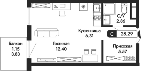 Планировка — Парковая Резиденция, Студия, 27 м²