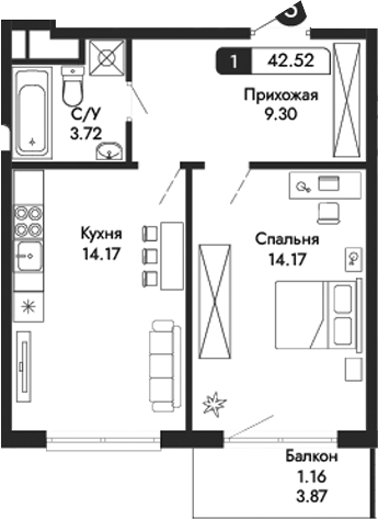 Планировка — Парковая Резиденция, 1-комн., 41 м²
