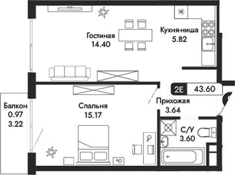 Планировка — Парковая Резиденция, 2-комн., 43 м²